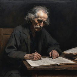 A dark-themed painting of a poet engrossed in his creation, visibly worn-out yet passionately engrossed in his work.