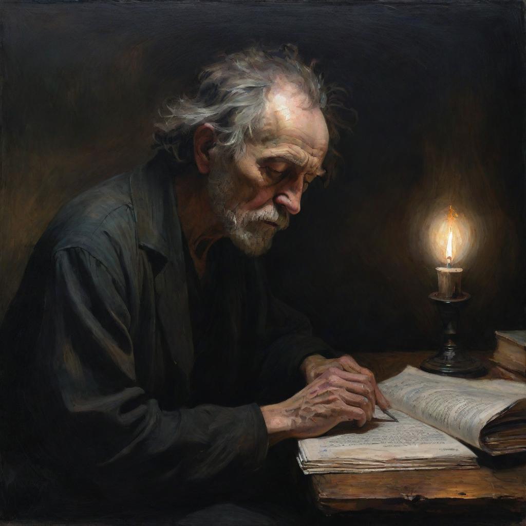 A dark-themed painting of a poet engrossed in his creation, visibly worn-out yet passionately engrossed in his work.