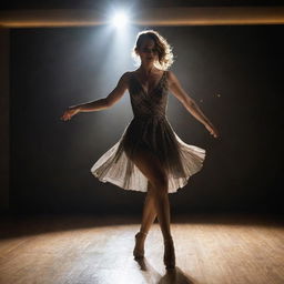 A dynamic and energetic portrait of a woman, named Lisa, elegantly dancing on a dance floor, spotlight illuminating her.