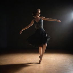 A dynamic and energetic portrait of a woman, named Lisa, elegantly dancing on a dance floor, spotlight illuminating her.