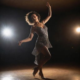 A dynamic and energetic portrait of a woman, named Lisa, elegantly dancing on a dance floor, spotlight illuminating her.