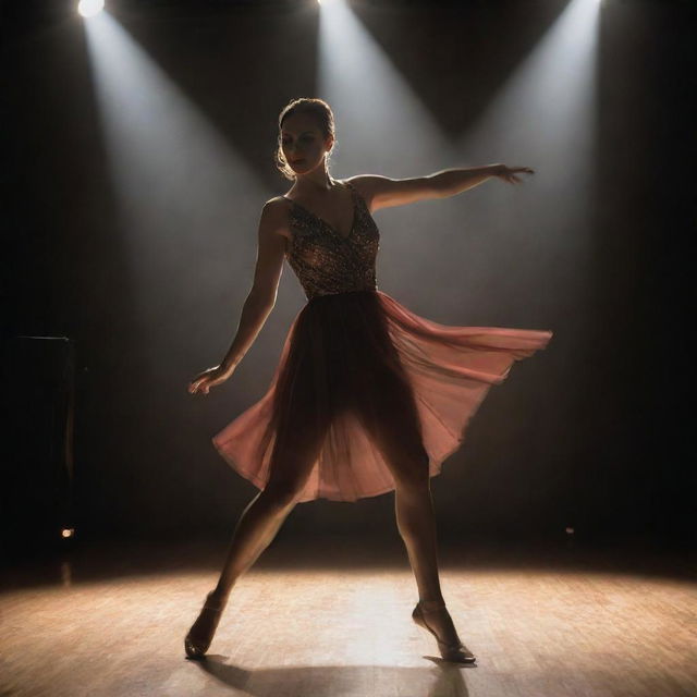 A dynamic and energetic portrait of a woman, named Lisa, elegantly dancing on a dance floor, spotlight illuminating her.