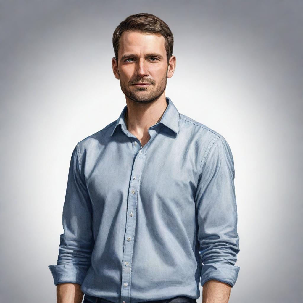 A realistic, clear and detailed illustration of a man standing neutrally, drawn in a portrait style.