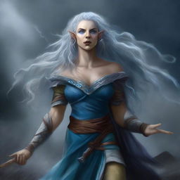 A high-quality digital art image depicts a tall female half-elf Druid with striking blue eyes and silver wavy hair