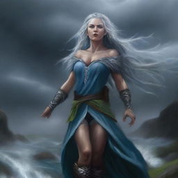 A high-quality digital art image depicts a tall female half-elf Druid with striking blue eyes and silver wavy hair