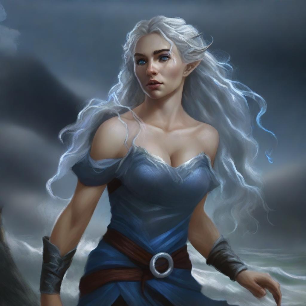 A high-quality digital art image depicts a tall female half-elf Druid with striking blue eyes and silver wavy hair