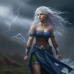 A high-quality digital art image depicts a tall female half-elf Druid with striking blue eyes and silver wavy hair