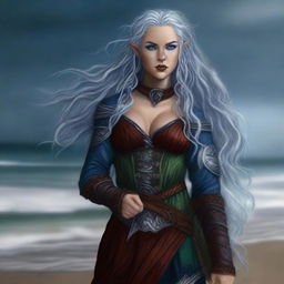 This digital art image depicts a tall, female half-elf druid with silver wavy hair and piercing blue eyes