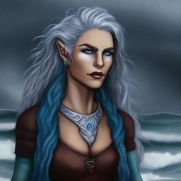 This digital art image depicts a tall, female half-elf druid with silver wavy hair and piercing blue eyes