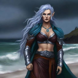 This digital art image depicts a tall, female half-elf druid with silver wavy hair and piercing blue eyes