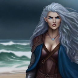 This digital art image depicts a tall, female half-elf druid with silver wavy hair and piercing blue eyes