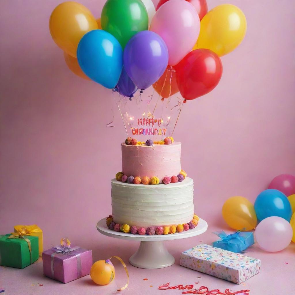 A vibrant birthday celebration scene with 'Happy Birthday Anusree' written on an elegant cake surrounded by beautifully wrapped gifts, colorful balloons, and twinkling lights.