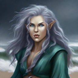 A high-quality digital art image portraying a tall, female half-elf druid with silver wavy hair and blue eyes