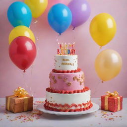 A vibrant birthday celebration scene with 'Happy Birthday Anusree' written on an elegant cake surrounded by beautifully wrapped gifts, colorful balloons, and twinkling lights.