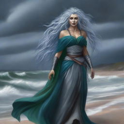 A high-quality digital art image portraying a tall, female half-elf druid with silver wavy hair and blue eyes