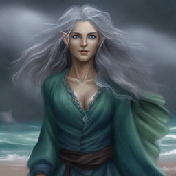 A high-quality digital art image portraying a tall, female half-elf druid with silver wavy hair and blue eyes