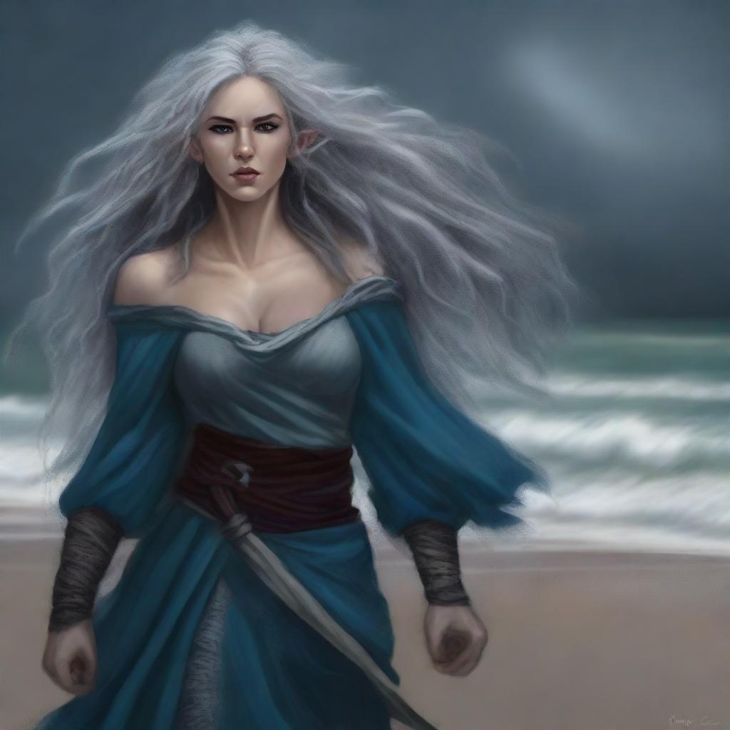 A high-quality digital art image portraying a tall, female half-elf druid with silver wavy hair and blue eyes