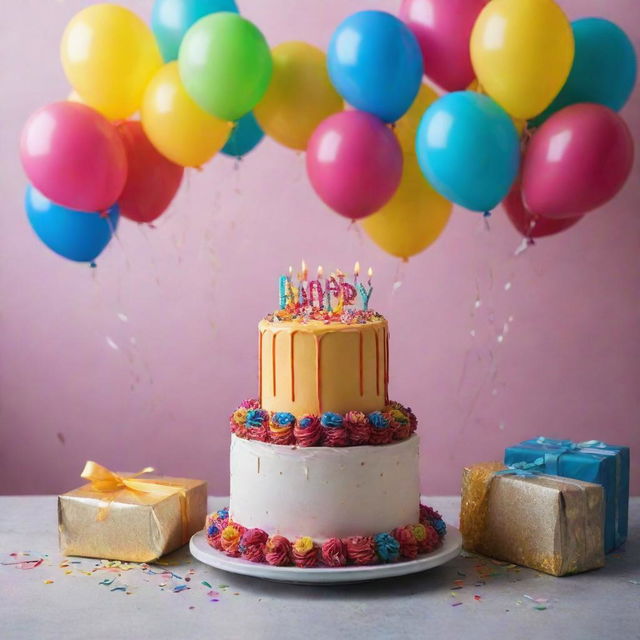 A vibrant birthday celebration scene with 'Happy Birthday Anusree' written on an elegant cake surrounded by beautifully wrapped gifts, colorful balloons, and twinkling lights.