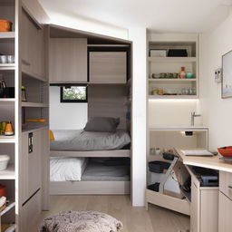 Compact 3 by 4 meter home interior design, featuring a multifunctional space as kitchen and bedroom with innovative storage solutions.