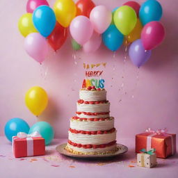 A vibrant birthday celebration scene with 'Happy Birthday Anusree' written on an elegant cake surrounded by beautifully wrapped gifts, colorful balloons, and twinkling lights.