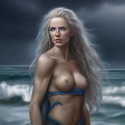 A digital art depiction of a tall female half-elf druid with wavy gray-blond hair and blue eyes