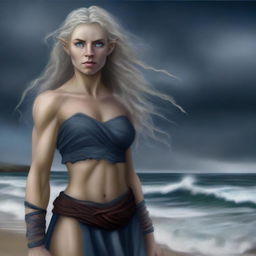 A digital art depiction of a tall female half-elf druid with wavy gray-blond hair and blue eyes