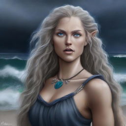 A digital art depiction of a tall female half-elf druid with wavy gray-blond hair and blue eyes