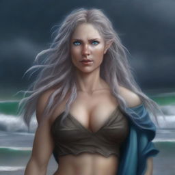 A digital art depiction of a tall female half-elf druid with wavy gray-blond hair and blue eyes