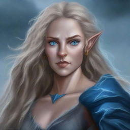 A high-quality digital art image depicts a tall, female half-elf Druid with wavy, gray-blonde hair and striking blue eyes