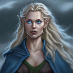 A high-quality digital art image depicts a tall, female half-elf Druid with wavy, gray-blonde hair and striking blue eyes