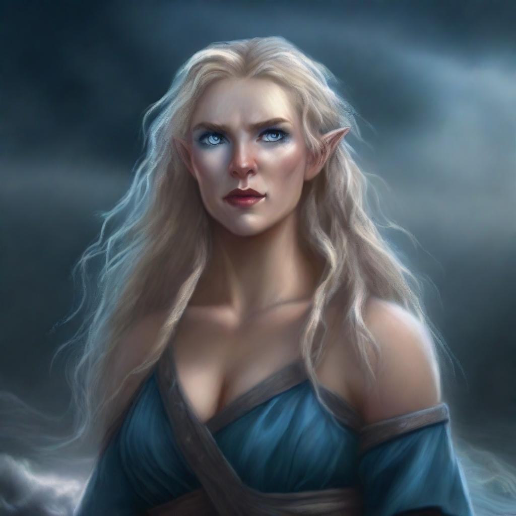 A high-quality digital art image depicts a tall, female half-elf Druid with wavy, gray-blonde hair and striking blue eyes