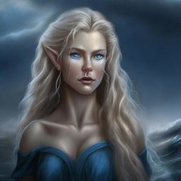 A high-quality digital art image depicts a tall, female half-elf Druid with wavy, gray-blonde hair and striking blue eyes