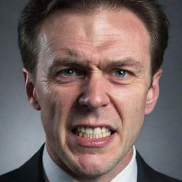 Adjust the previous image to portray the man with a furious facial expression, emphasized by furrowed brows and gritted teeth.