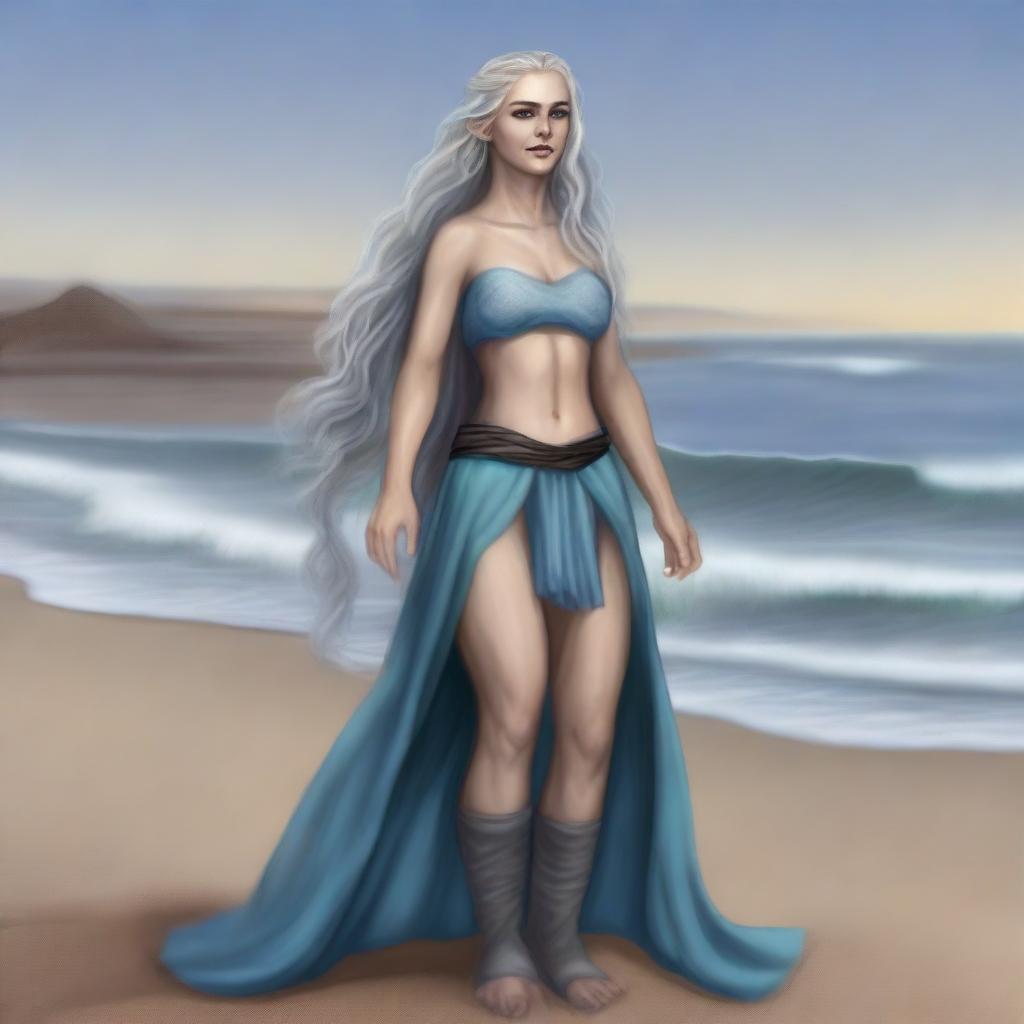 A high-quality digital art image depicts a tall, female half-elf druid with wavy gray-blonde hair and striking blue eyes