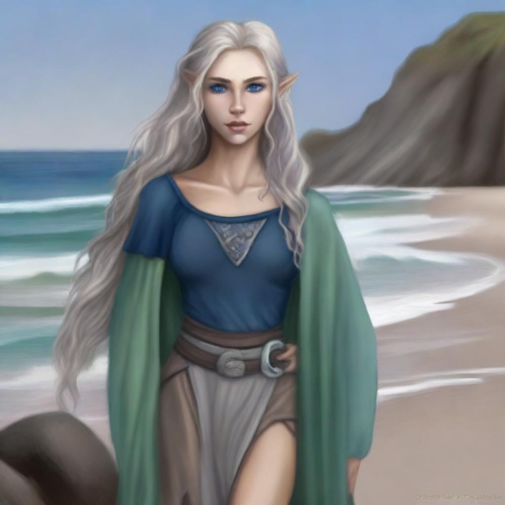 A high-quality digital art image depicts a tall, female half-elf druid with wavy gray-blonde hair and striking blue eyes