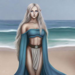 A high-quality digital art image depicts a tall, female half-elf druid with wavy gray-blonde hair and striking blue eyes