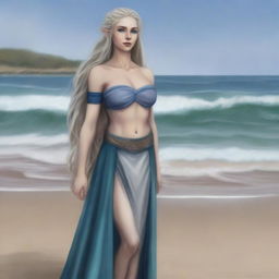 A high-quality digital art image depicts a tall, female half-elf druid with wavy gray-blonde hair and striking blue eyes