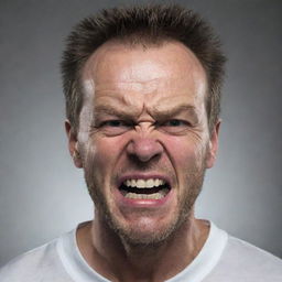 Adjust the previous image to portray the man with a furious facial expression, emphasized by furrowed brows and gritted teeth.