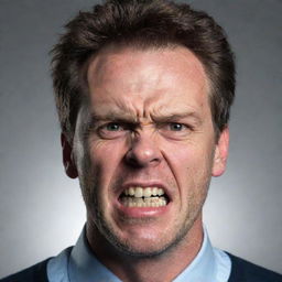 Adjust the previous image to portray the man with a furious facial expression, emphasized by furrowed brows and gritted teeth.