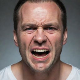 Adjust the previous image to portray the man with a furious facial expression, emphasized by furrowed brows and gritted teeth.