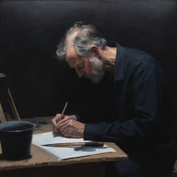 Create a dark painting featuring an artist deeply immersed in his work. He appears exhausted but profoundly engaged, the intensity of his soul shining through.