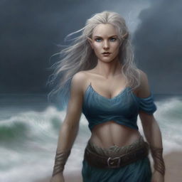 A high-quality, detailed digital art of a tall, half-elf druid with gray-blond wavy hair and blue eyes