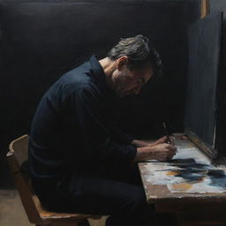 Create a dark painting featuring an artist deeply immersed in his work. He appears exhausted but profoundly engaged, the intensity of his soul shining through.