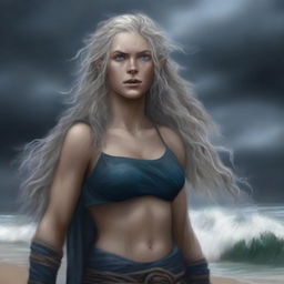 A high-quality, detailed digital art of a tall, half-elf druid with gray-blond wavy hair and blue eyes