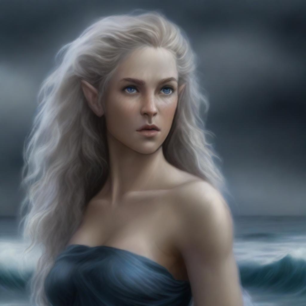 A high-quality, detailed digital art of a tall, half-elf druid with gray-blond wavy hair and blue eyes