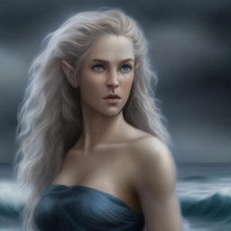 A high-quality, detailed digital art of a tall, half-elf druid with gray-blond wavy hair and blue eyes