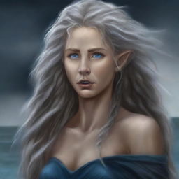 A high-quality, detailed digital art of a tall, half-elf druid with gray-blond wavy hair and blue eyes