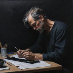 Create a dark painting featuring an artist deeply immersed in his work. He appears exhausted but profoundly engaged, the intensity of his soul shining through.