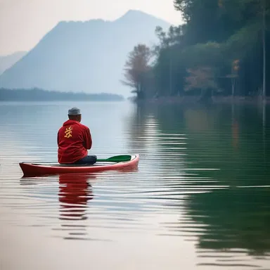 During a religious ceremony, the paddler silently glided across the serene lake, offering prayers of devotion.