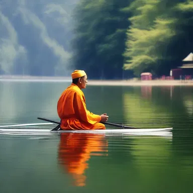 During a religious ceremony, the paddler silently glided across the serene lake, offering prayers of devotion.